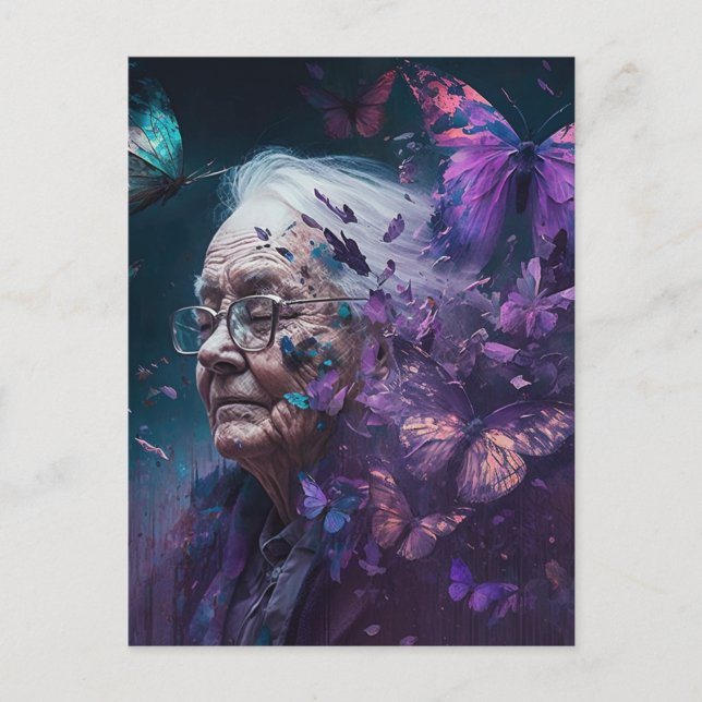 The Elderly Woman With Purple Butterflies Postcard (Front)