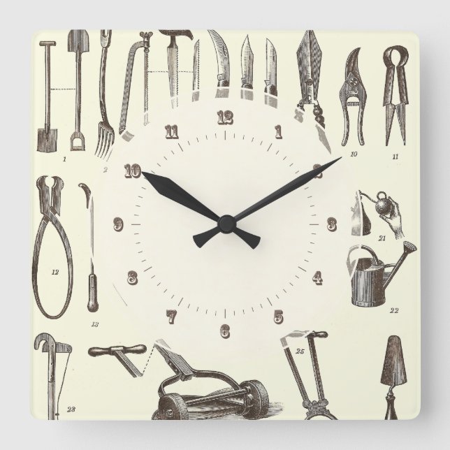 The Elegant Gardener - Antique Garden Tools Square Wall Clock (Front)