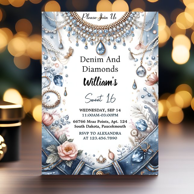 The Elegant Gem Bling Denim And Diamonds Sweet 16 Invitation (Creator Uploaded)