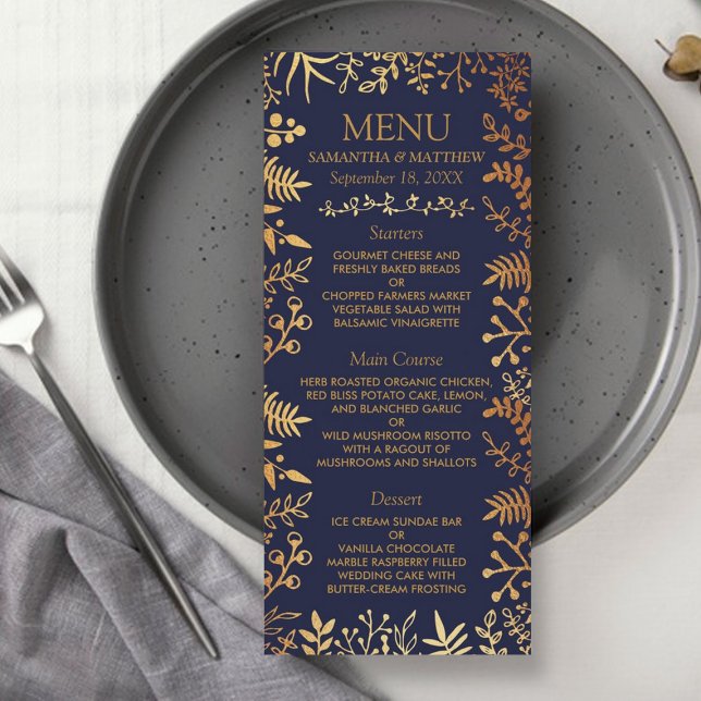 The Elegant Navy & Gold Floral Wedding Collection Menu (Creator Uploaded)
