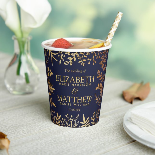 The Elegant Navy & Gold Floral Wedding Collection Paper Cups (Insitu)