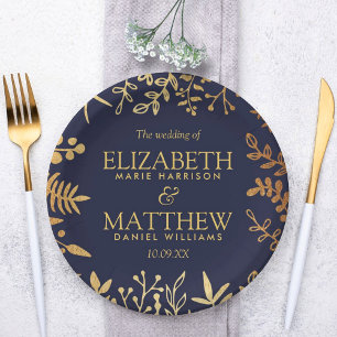 The Elegant Navy & Gold Floral Wedding Collection Paper Plate