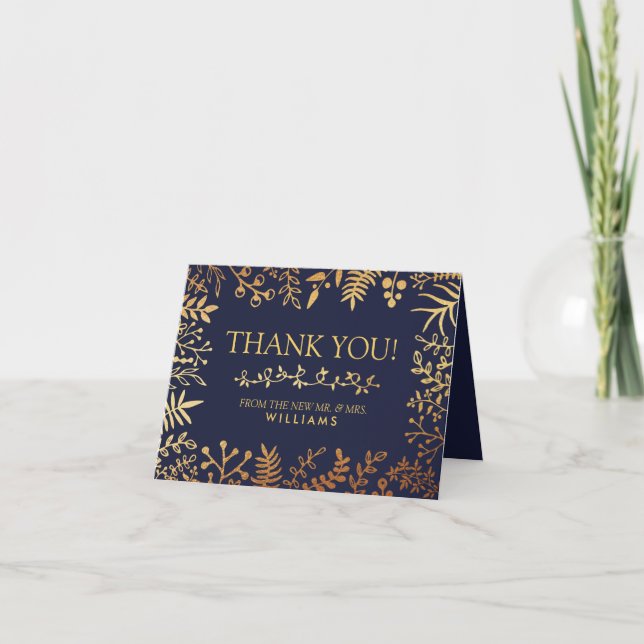 The Elegant Navy & Gold Floral Wedding Collection Thank You Card (Front)