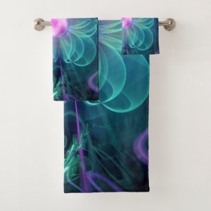 The Enigma Bloom, an Aqua-Violet Fractal Flower Bath Towel Set