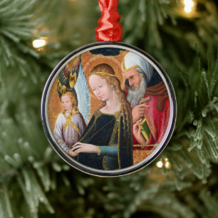 The Expectant Madonna with Saint Joseph Round Metal Tree Decoration