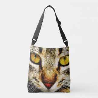 The expressive look of a domestic cat crossbody bag
