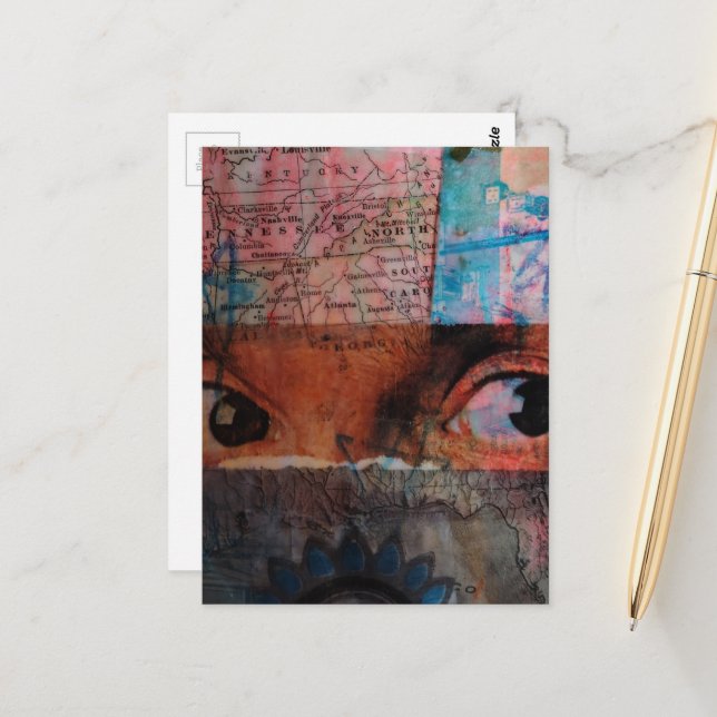 The Eyes abstract junk journal Collage Postcard (Front/Back In Situ)
