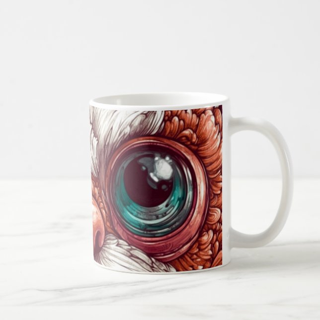 The eyes are large and expressive, with realistic  coffee mug (Right)