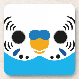 The face of a normal sky blue male budgie coaster