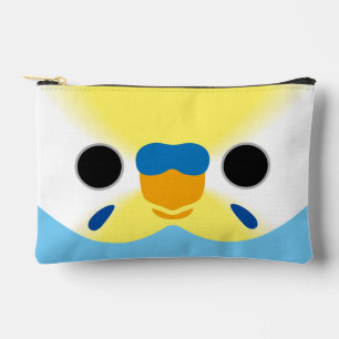 The face of a pastel rainbow male budgie accessory pouch