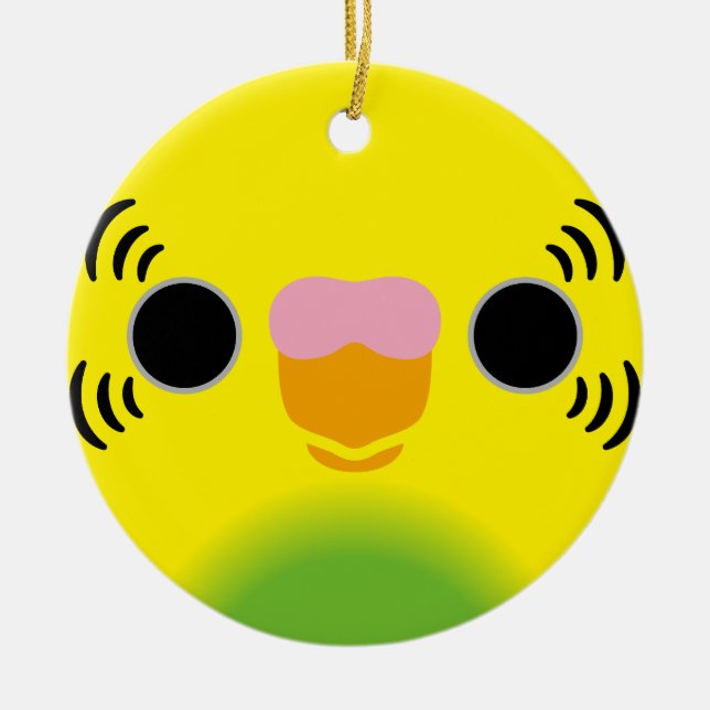 The face of a recessive pied budgie ceramic tree decoration (Front)