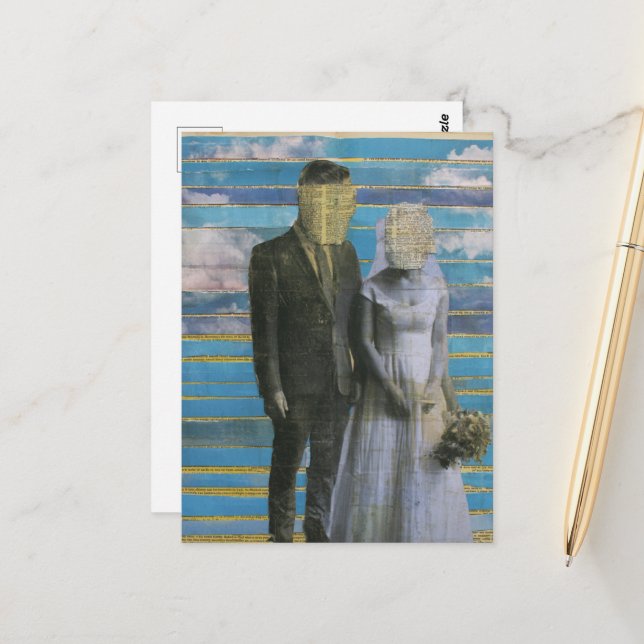 The Faceless Bride and Groom Mixed Media Collage Postcard (Front/Back In Situ)