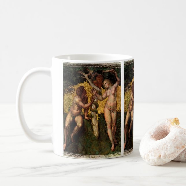 The Fall - Adam and Eve by Raphael Sanzio Coffee Mug (With Donut)