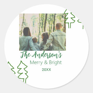 The family name green Christmas tree photo modern Classic Round Sticker