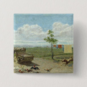 The Farmyard (oil on canvas) 15 Cm Square Badge