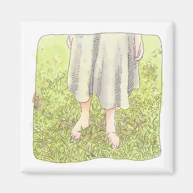 the feet of a one-piece woman standing barefoot on magnet (Front)