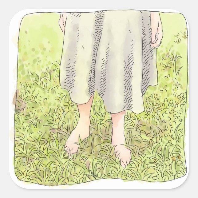 the feet of a one-piece woman standing barefoot on square sticker (Front)