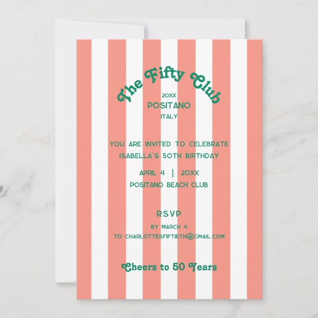 The Fifty Club Pink Stripe 50th Birthday Party  Invitation (Front)