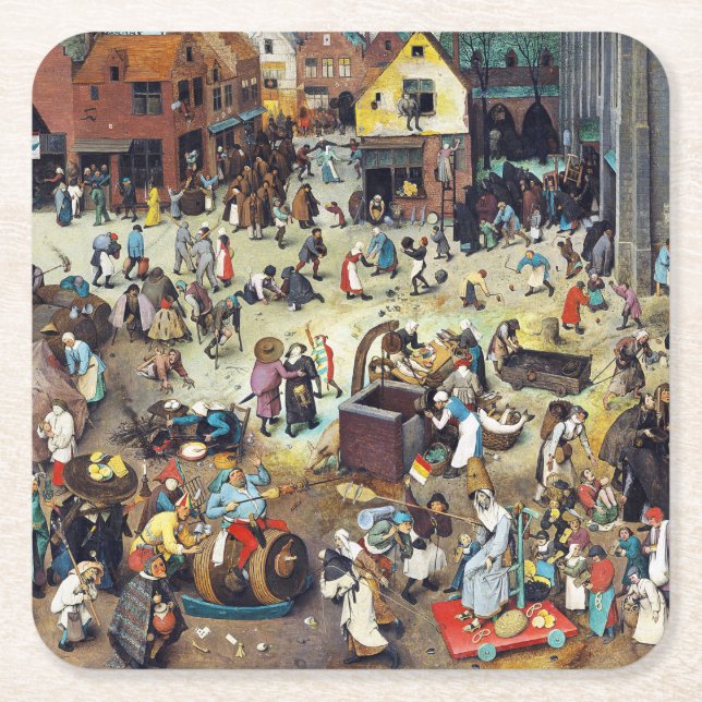 The Fight Between Carnival and Lent, Bruegel Square Paper Coaster (Front)