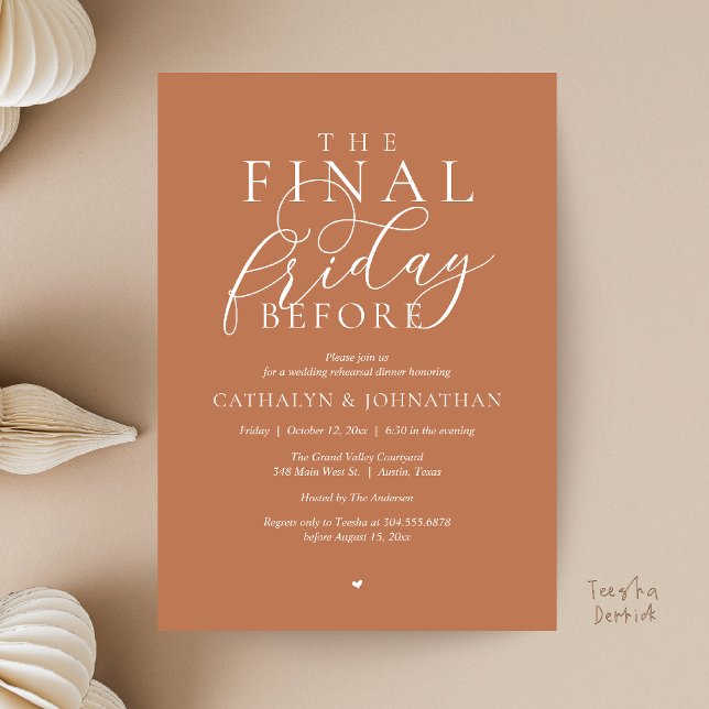“The Final Friday Before” Classy Rehearsal Dinner Invitation (“The Final Friday Before” Romance Classy Rehearsal Dinner Invitation Card in Copper Brown)
