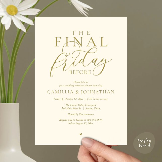 “The Final Friday Before” Romance Rehearsal Dinner Invitation (“The Final Friday Before” Romance Rehearsal Dinner Invitation Card in Yellow Gold Cream)
