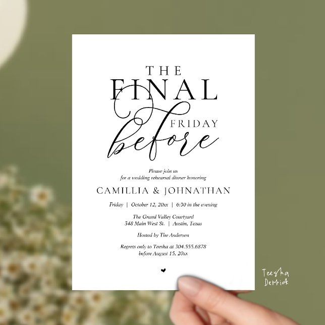 “The Final Friday Before” Romance Rehearsal Dinner Invitation (“The Final Friday Before” Romance Rehearsal Dinner Celebration Invitation Card in black and white)
