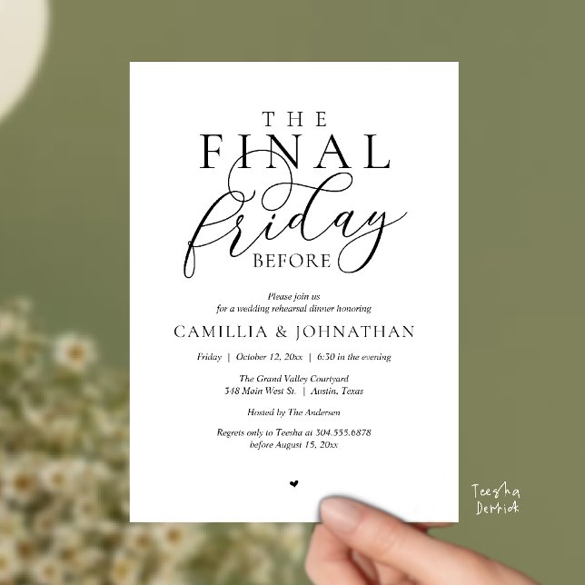 “The Final Friday Before” Romance Rehearsal Dinner Invitation (“The Final Friday Before” Romance Rehearsal Dinner Celebration Invitation Card in black and white)