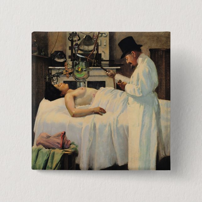 The First Attempt to Treat Cancer with X Rays 15 Cm Square Badge (Front)