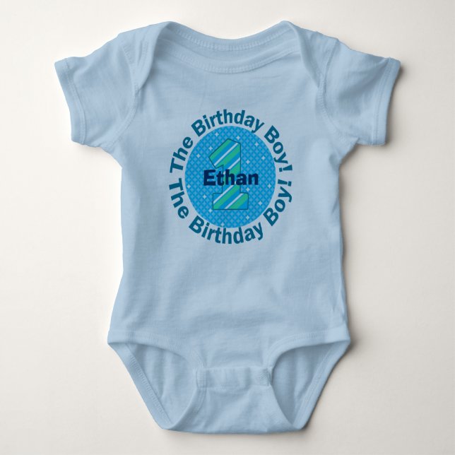 The First Birthday Boy Blue Circle T-Shirt Baby Bodysuit (Front)