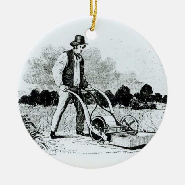 The first lawnmower (engraving) (b/w photo) ceramic tree decoration (Front)