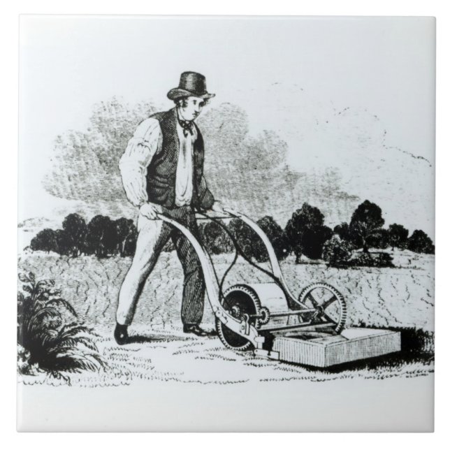 The first lawnmower (engraving) (b/w photo) tile (Front)