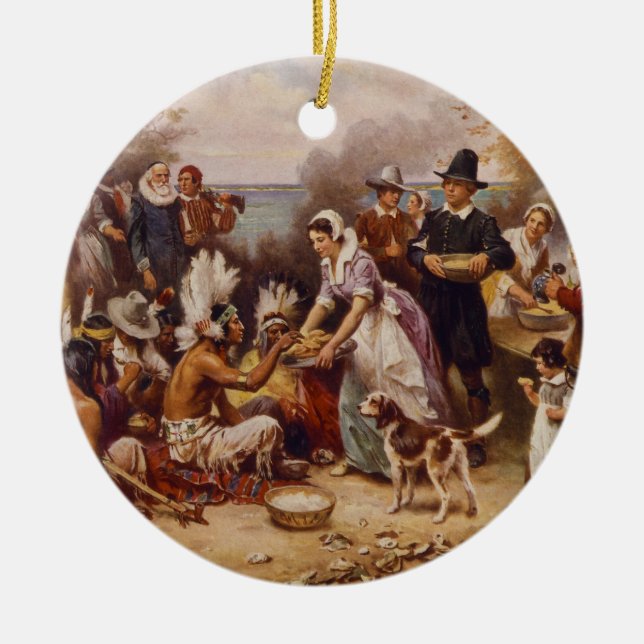 The First Thanksgiving by Jean Leon Gerome Ferris Ceramic Tree Decoration (Front)