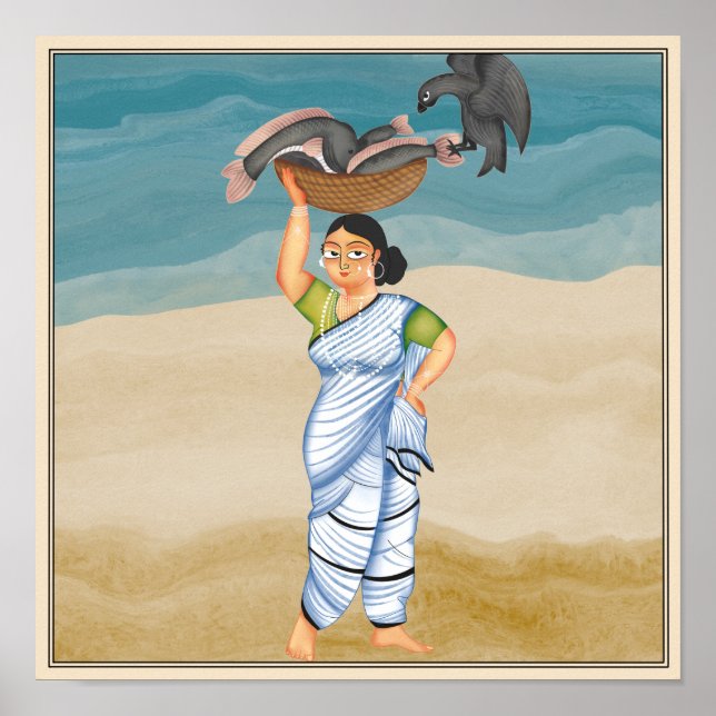 The fisherwoman in Kalighat art from Bengal Poster (Front)