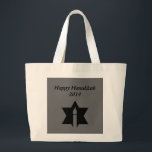 The Flame & Star - Large Tote Bag<br><div class="desc">This image is a flame from a candle. A star around the flame represents Hanukkah. Done in a black tattoo. A black backround was also added. "Happy Hanukkah 2014" is printed on this design. Customise with your own words. These totes are available in assorted styles,  colours and sizes.</div>