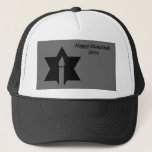 The Flame & Star - Trucker Hat<br><div class="desc">This image is a flame from a candle. A star around the flame represents Hanukkah. Done in a black tattoo.   All this is done on a black backround. "Happy Hanukkah 2014" Customise with your own words. This hat is available in assorted colours and sizes.</div>