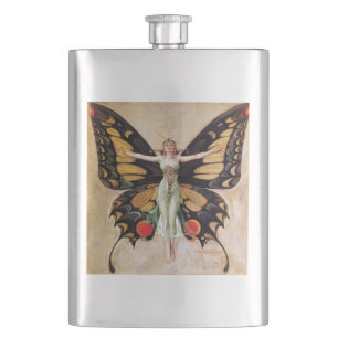 The Flapper Girl's Metamorphosis to Butterfly 1922 Hip Flask