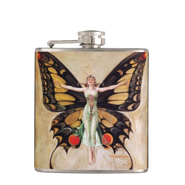 The Flapper Girl's Metamorphosis to Butterfly 1922 Hip Flask (Front)