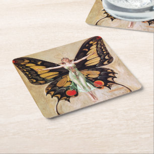 The Flapper Girl's Metamorphosis to Butterfly 1922 Square Paper Coaster