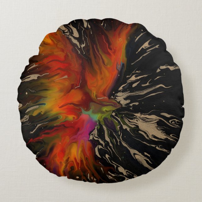 The Flight of the Phoenix – Fiery Abstract Rebirth Round Cushion (Front)