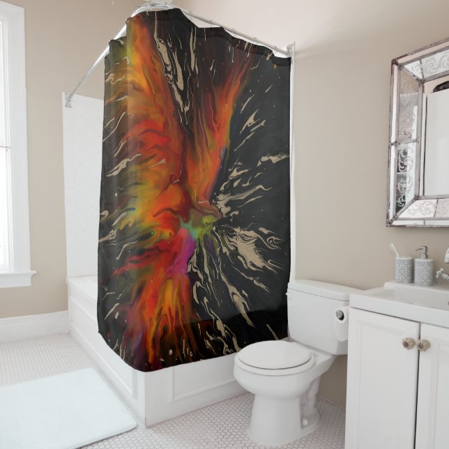 The Flight of the Phoenix – Fiery Abstract Rebirth Shower Curtain (In Situ)