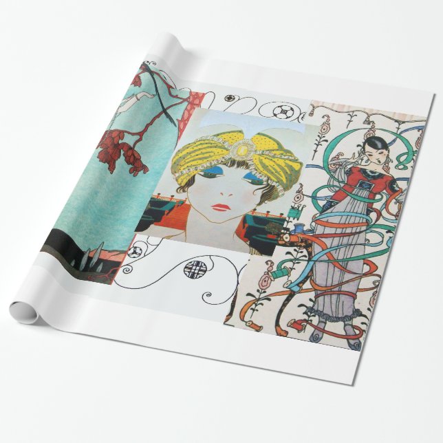 THE FLIGHTY BIRD ,ART DECO BEAUTY FASHION COSTUME WRAPPING PAPER (Unrolled)