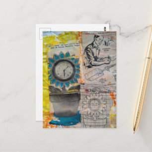 The Flower Clock Mixed Media Collage Postcard