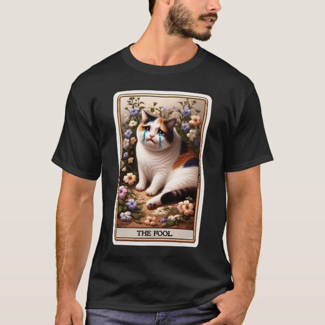 The Fool Tarot Card Sad Crying Cat Meme T-Shirt (Front)