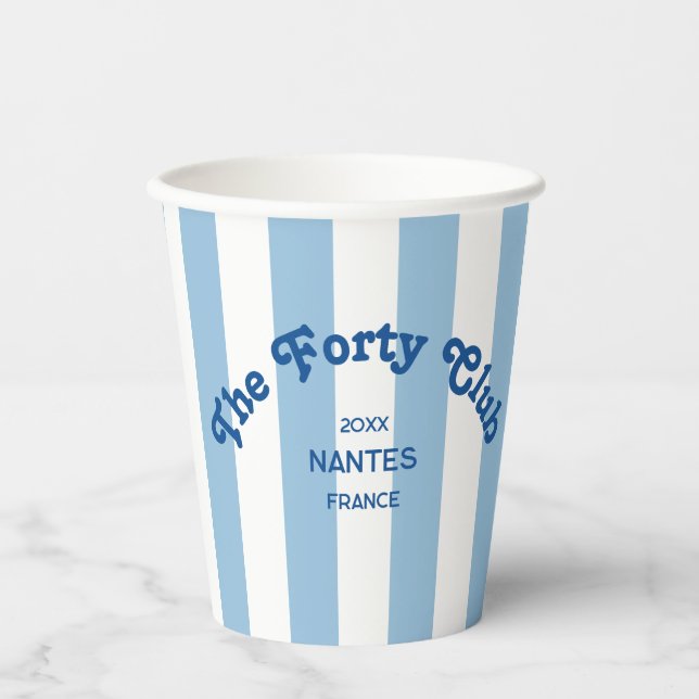 The Forty Club Blue Cabana Stripe 40th Birthday  Paper Cups (Front)