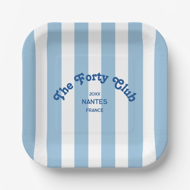 The Forty Club Blue Cabana Stripe 40th Birthday  Paper Plate (Front)