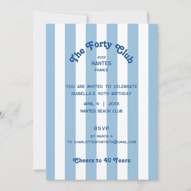 The Forty Club Blue Stripe 40th Birthday Party  Invitation (Front)