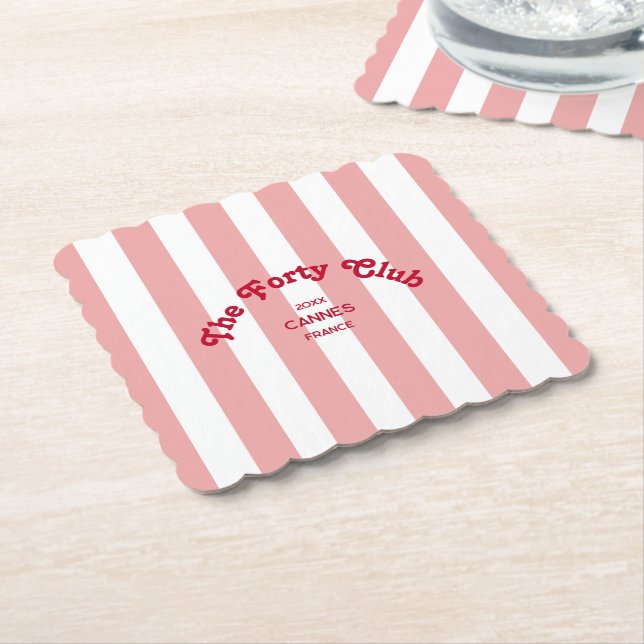 The Forty Club Pink Cabana Stripe 40th Birthday Paper Coaster (Angled)