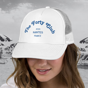 The Forty Club Retro Blue Custom Crest White Trucker Hat