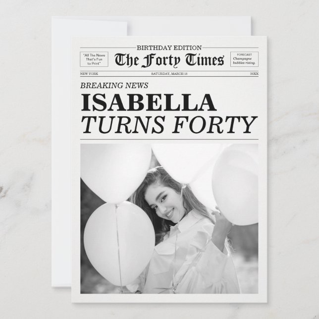 The Forty Times Newspaper 40th Birthday Party Invitation (Front)