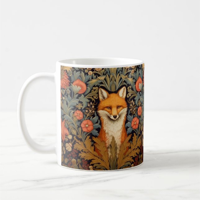 The fox and red flowers art nouveau style coffee mug (Left)